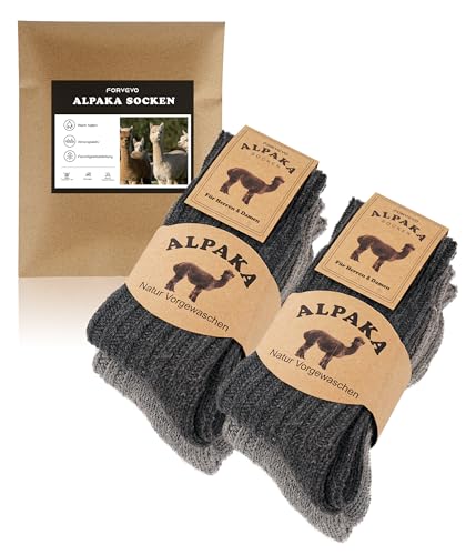 FORVEVO 4 Paar Alpaka Wollsocken Damen 39-42, Warme Wintersocken Herren mit Alpakawolle, Strick Flauschig Thermosocken für Alltäglich, Wandern, Trekking(Dunkelgrau & Hellgrau) von FORVEVO