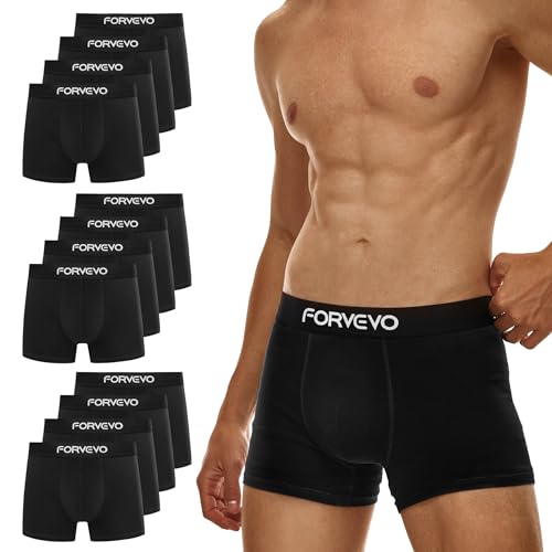 FORVEVO Boxershorts Herren Baumwolle Unterhosen Männer Unterwäsche Retroshorts 12er Pack - Atmungsaktive, Gummibund (12x Schwarz, L) von FORVEVO