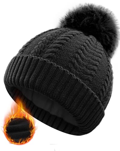 FORVEVO Mütze Damen Winter,Warme Wintermütze mit Fleece Futter,Thermo Beanie Mädchen,Bommelmütze Abnehmbarem Pom Pom für Outdoor Skifahren(Schwarz) von FORVEVO