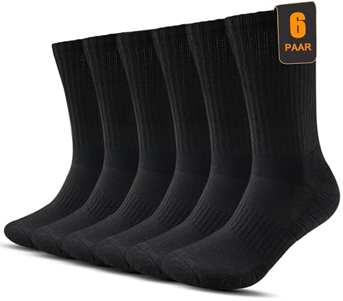 FORVEVO Socken Damen 35-38 Baumwolle,Weich Tennissocken Herren Gepolstert,Atmungsaktiv Cerw Sportsocken,Laufsocken Schwarz 6 Paar von FORVEVO