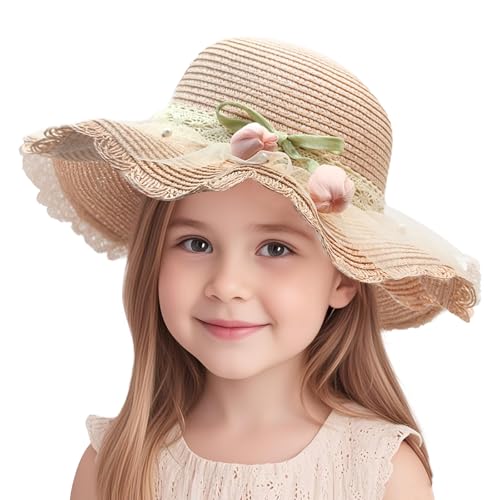 FOSDICK 1 Stück Strohhut Kinder, Niedlich Sonnenhut Mädchen, Strohhut Mädchen, Sommerhut Kinder mit Blumen Perle Deko, Sommerhut Mädchen, Straw Hat für den Urlaub Reise Strand Outdoor-Aktivitäten,Rosa von FOSDICK