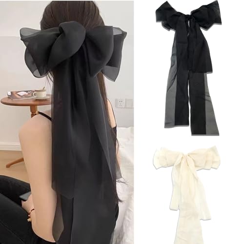 FOSDICK 2 PCS Haarspange mit Schleife, Haarschleifen Für Damen Und Mädchen Mit Großer Schleife 55 cm Aus Polyester Weiß Schwarz für Hochzeit Party Alltag von FOSDICK