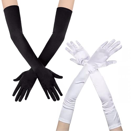 FOSDICK 2 Paar Satin Handschuhe Lang, Nylon Handschuhe, Handschuhe Schwarz lang, White Gloves Long, 1920s Abendhandschuhe, Classic Kostüm Handschuhe, Handschuhe Elegant Damen Party Kostüm von FOSDICK