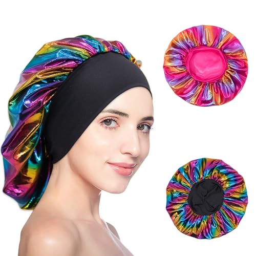 FOSDICK 2 Stück Bonnet Sleep Cap, Satin Haarhaube, Nacht Schlafhaube, 32cm Wasserdichte Duschhaube, Wiederverwendbare Locken Haube, Satinhaube Zum Schlafen, ideal Damen Mädchen (Farbenfroh, Rosa) von FOSDICK