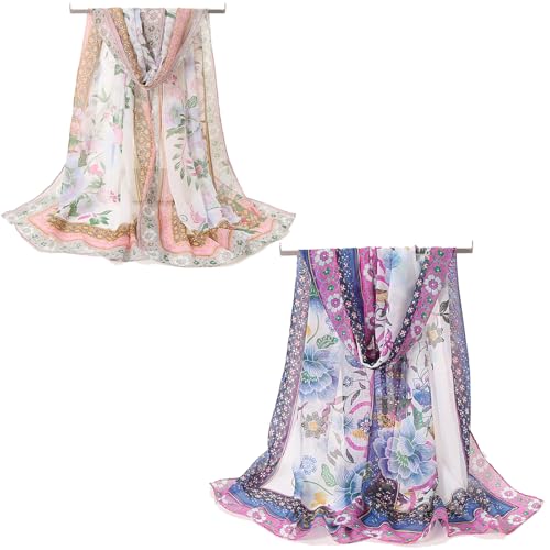 FOSDICK 2er Schal Damen Frühling Chiffon Schal Sommerschal Damen Dünn Halstuch Damen Frühling Schaltuch Damen Sommer Leicht Atmungsaktiv UV Schutz 50x160cm Mehrfarbig von FOSDICK