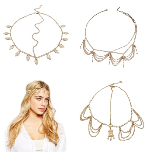 FOSDICK 3 Stück Kopfkette mit Pailletten, Wahrsagerin Kopfschmuck, Kopfkette Gold, Elegant Kopfschmuck Orientalisch, Boho Quasten Kopf Kette, Braut Haarkette Gold für Frauen und Mädchen von FOSDICK