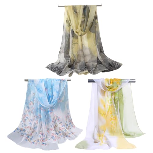 FOSDICK 3 Stücke Sommerschal Damen, 50 x 150cm Blumen Dünne Schals, Chiffon Tücher Damen Leichter Weicher Schal für Hochzeit Braut Schultertuch von FOSDICK