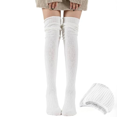 FOSDICK 60cm Kniestrümpfe Damen Winter Strick Overknee Strümpfe Socks, Knie-Lange Socken Stulpen Warme Überknie Kniestrümpfe Gestrickt Stiefelstrümpfe Legwarmers für Damen, Weiße Overknee Strümpfe von FOSDICK