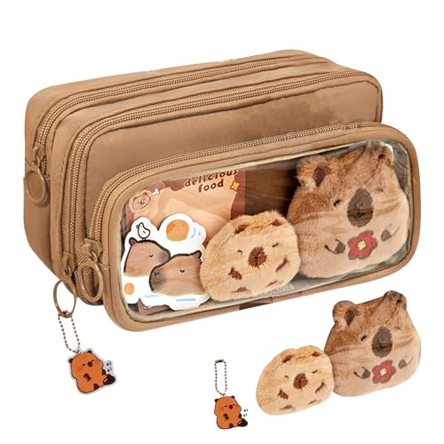 FOSDICK Capybara Federmäppchen Capybara Mäppchen Capybara Federtasche Mehrere Fächer Federmappe Groß Pencil Case Abnehmbar Etui Schule Mädchen Jungen Federpenal mit Klein Kuscheltier Brosche Anhänger von FOSDICK