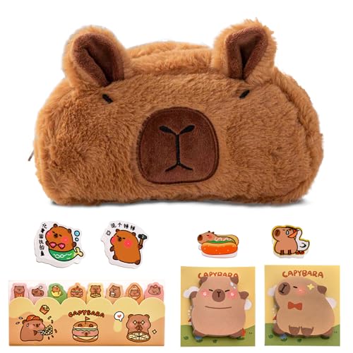 FOSDICK Capybara Federmäppchen Kawaii Capybara Mäppchen Capybara Federtasche Plüsch Federmappe Pencil Case Mädchen Jungen Etui Schule Set Federpenal mit Index Tabs Haftnotizen Brosche Anhänger von FOSDICK
