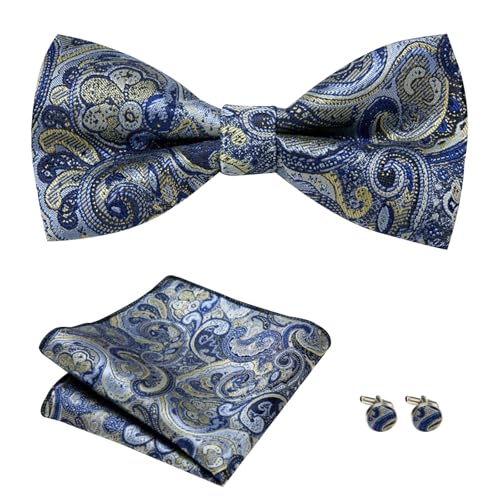 FOSDICK Fliege Herren und Manchettenknoepfe mit Einstecktuch Set, Verstellbare Polyester Vorgebunden Fliege Anzug Für Hochzeit Smoking Party von FOSDICK
