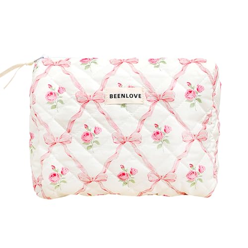 FOSDICK Kosmetiktasche, Reise Kosmetiktasche Blumen und Schleifen, Toilettentasche Damen, Schminktasche Mädchen, Waschtasche Damen mit ReißVerschluss, Viel Platz für Make-Up-Pinsel und Beauty-Tools von FOSDICK