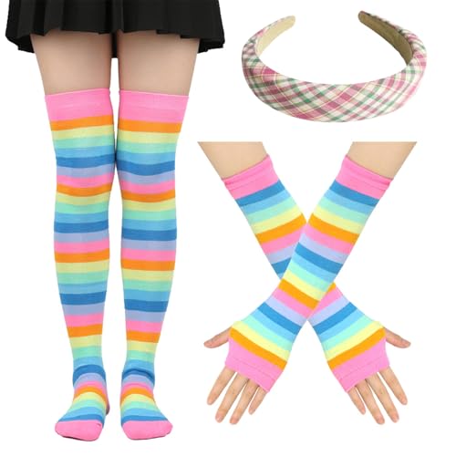 FOSDICK Regenbogen Overknees Strümpfe Damen, Gestreifte Overknee Strümpfe, Kniestrümpfe Damen Bunt, Lange Kniestrümpfe Regenboge, Fingerlose Handschuhe, Bunte Haarreif, Kostüm Damen Fasching von FOSDICK