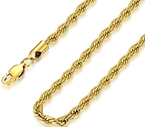 FOSIR 5mm Herren Halskette Edelstahl Kordelkette vergoldet Seilkette Goldfarben (Länge 45-75cm) von FOSIR