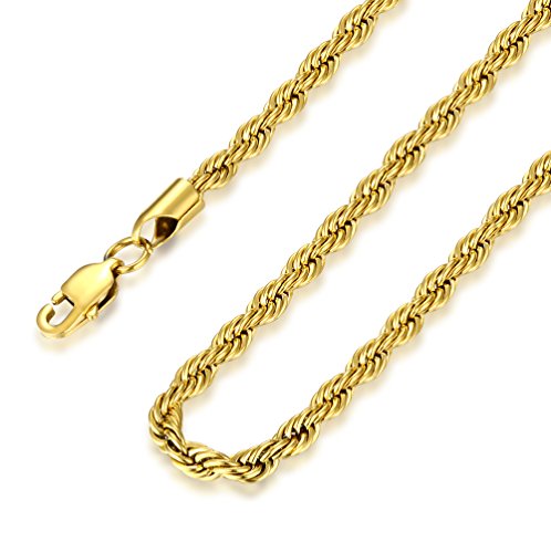 FOSIR 4mm Herren Halskette Kordelkette Seilkette Edelstahl Goldfarben (Länge 45-75cm) von FOSIR