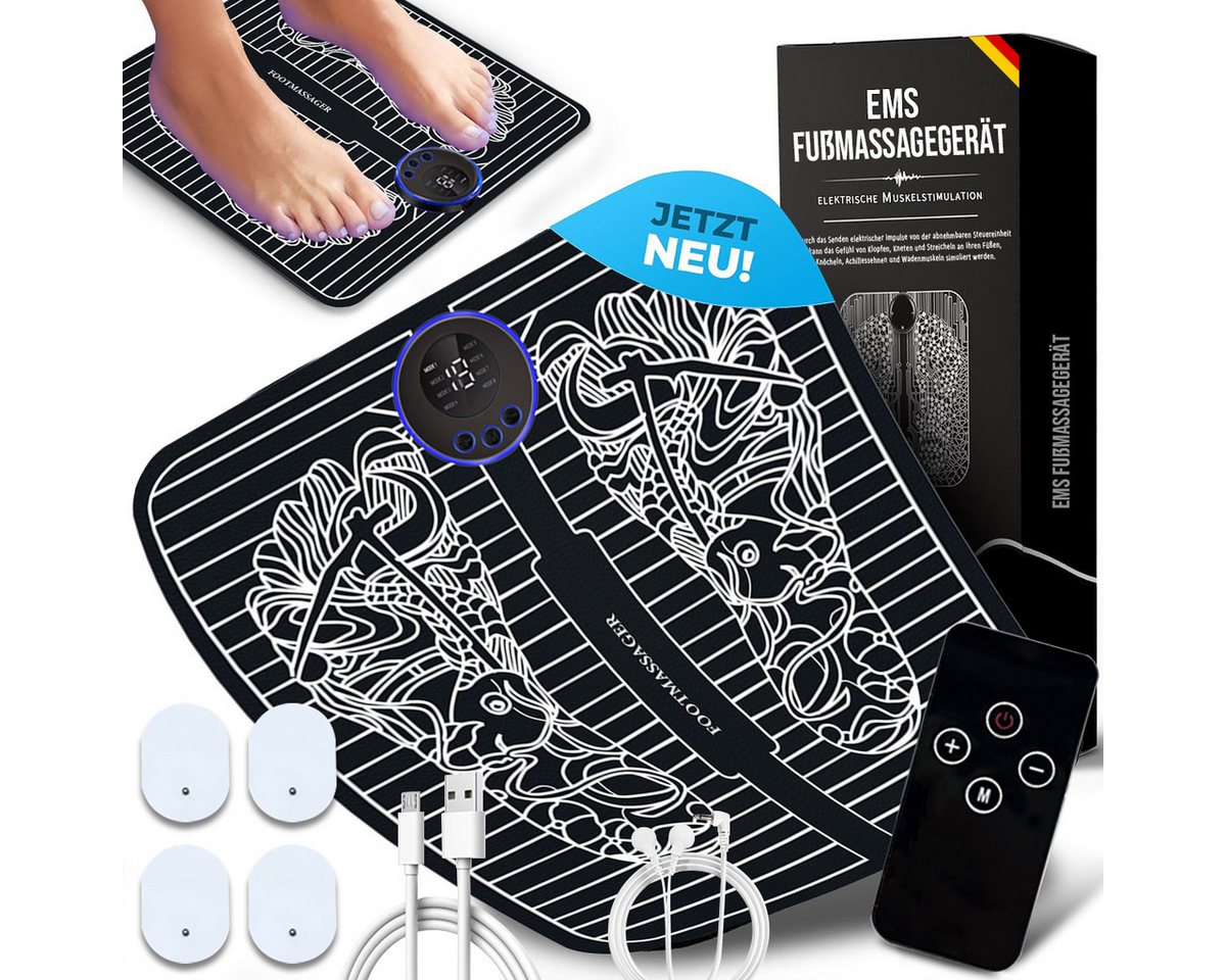 FOSMET Fußmassagegerät EMS Fußmassagegerät,Fußmassagegerät Elektrisch EMS Impulsmassage, Fuß- und Beinmassagegerät mit 8 Programmen & 19 Intensitätsstufen, 1* Haupteil,4 × Impuls-Pads,1*USB Kabel,1* steuergerat,1*Netzadapter, Elektrisches EMS Fußmassagegerät mit Impuls-Massagefunktion von FOSMET