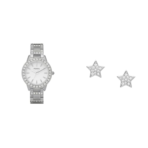 FOSSIL Damen Jesse Silberfarbene Edelstahl Uhr und Ohrringe, Set von FOSSIL