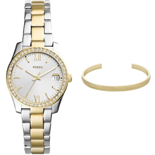 FOSSIL Damen Scarlette Mini Zweifarbige Edelstahl Uhr und Harlow Goldfarbener Armband, Set von Fossil