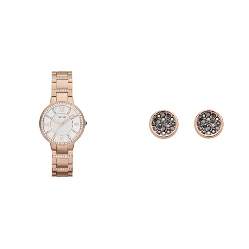 FOSSIL Damen Virginia Roségoldfarbene Edelstahl Uhr und Messing Ohrringe, Set von FOSSIL