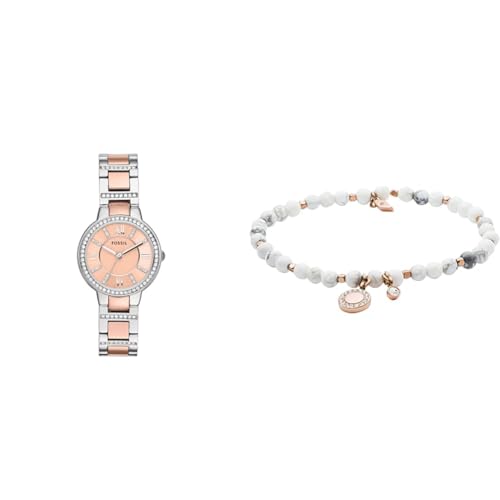 FOSSIL Damen Virginia Zweifarbige Edelstahl Uhr und Wellness Weißer Halbedelstein Armband, Set von Fossil