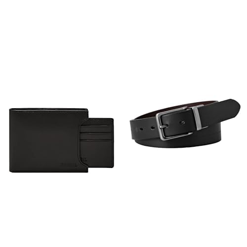 FOSSIL Herren Derrick Schwarzes Leder Portemonnaie und Brandon Gürtel, Set von FOSSIL
