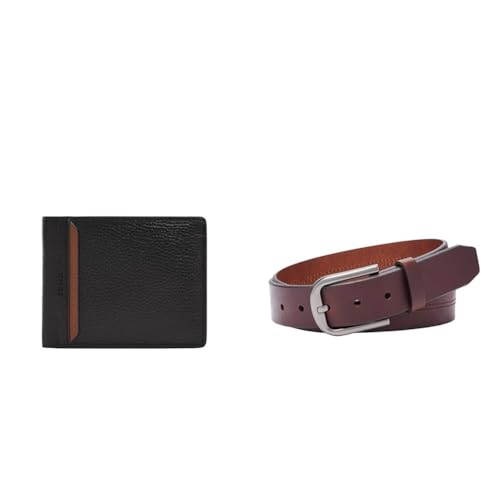 FOSSIL Herren Huntington Schwarzes Leder Portemonnaie und Samson Brauner Gürtel, Set von Fossil