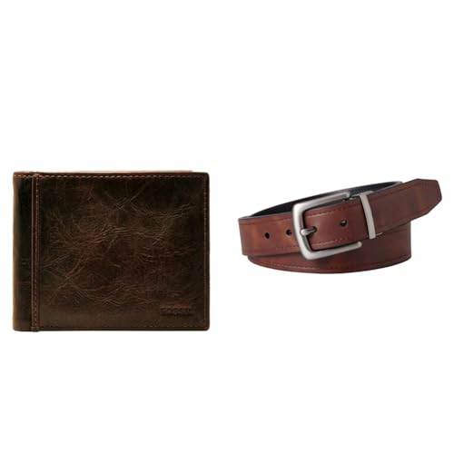 FOSSIL Herren Ingram Braunes Leder Portemonnaie und Parker Gürtel, Set von FOSSIL