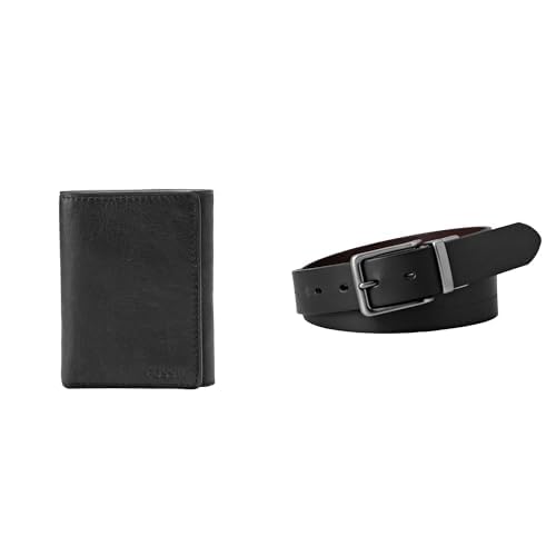 FOSSIL Herren Ingram Schwarzes Leder Portemonnaie und Brandon Gürtel, Set von FOSSIL
