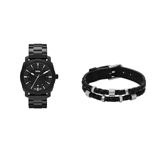FOSSIL Herren Machine Schwarze Edelstahl Uhr und Bronson Silberfarbener Armband, Set von FOSSIL