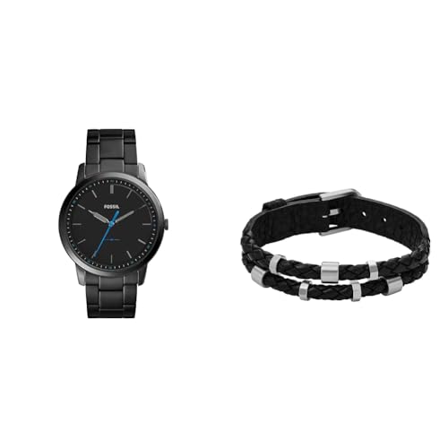 FOSSIL Herren Minimalist Schwarze Edelstahl Uhr und Bronson Silberfarbener Edelstahl Armband, Set von Fossil