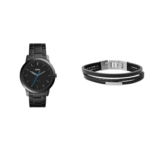 FOSSIL Herren Minimalist Schwarze Edelstahl Uhr und Townsman Leder Armband, Set von FOSSIL