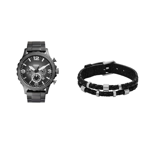 FOSSIL Herren Nate Graue Edelstahl Uhr und Bronson Silberfarbener Armband, Set von FOSSIL