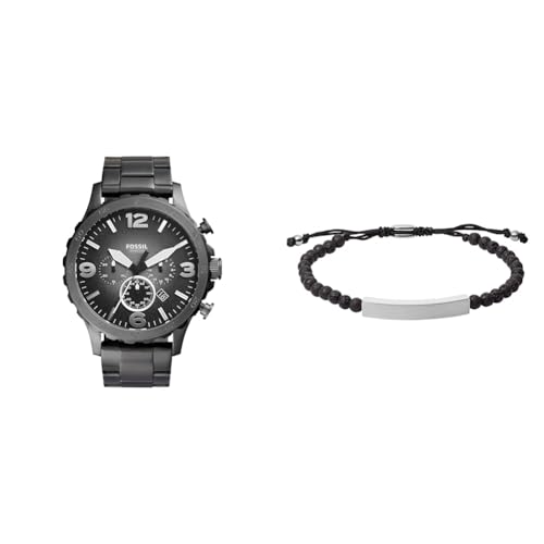 FOSSIL Herren Nate Graue Edelstahl Uhr und Ellis Schwarzer Halbedelstein Armband, Set von FOSSIL