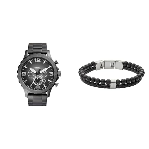 FOSSIL Herren Nate Graue Edelstahl Uhr und Townsman Schwarzer Halbedelstein Armband, Set von Fossil