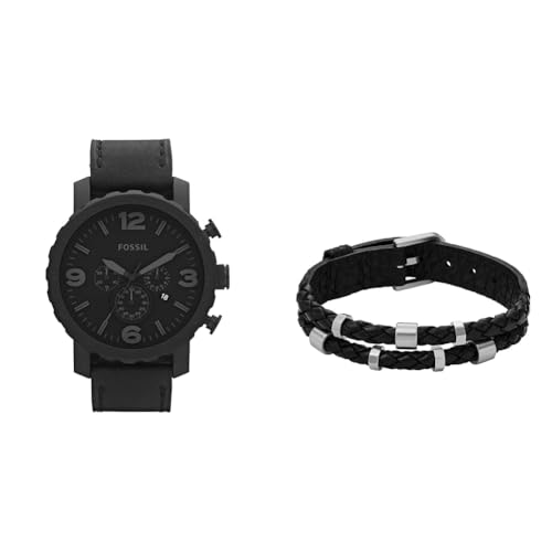 FOSSIL Herren Nate Schwarze Lederuhr und Bronson Silberfarbener Edelstahl Armband, Set von FOSSIL