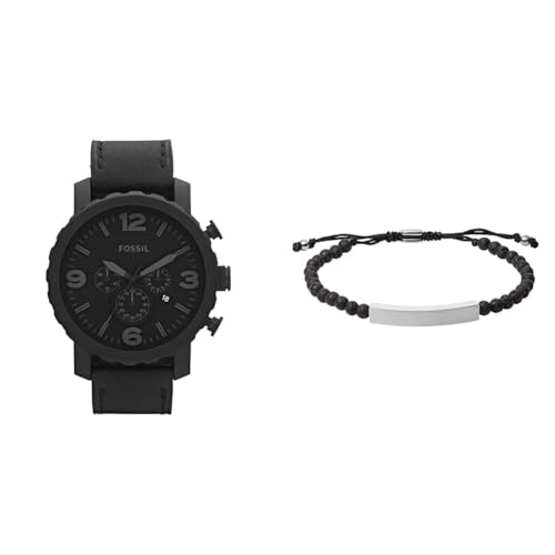 FOSSIL Herren Nate Schwarze Lederuhr und Ellis Halbedelstein Armband, Set von Fossil