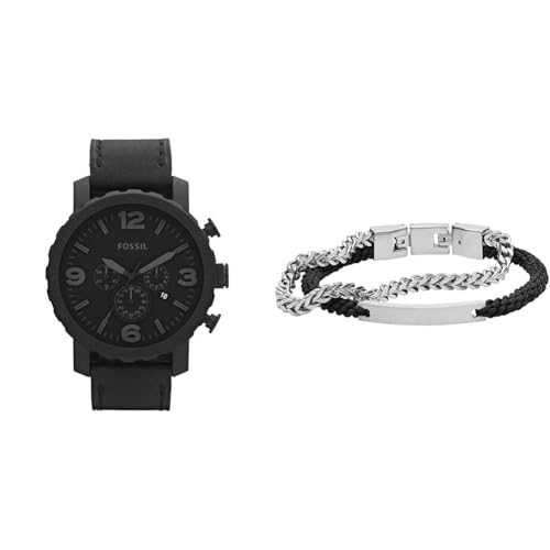 FOSSIL Herren Nate Schwarze Lederuhr und Ellis Silberfarbener Edelstahl Armband, Set von Fossil