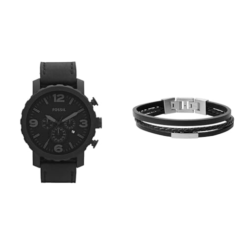 FOSSIL Herren Nate Schwarze Lederuhr und Townsman Armband, Set von Fossil