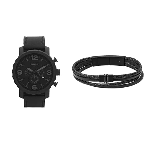 FOSSIL Herren Nate Schwarze Lederuhr und Townsman Edelstahl Armband, Set von FOSSIL