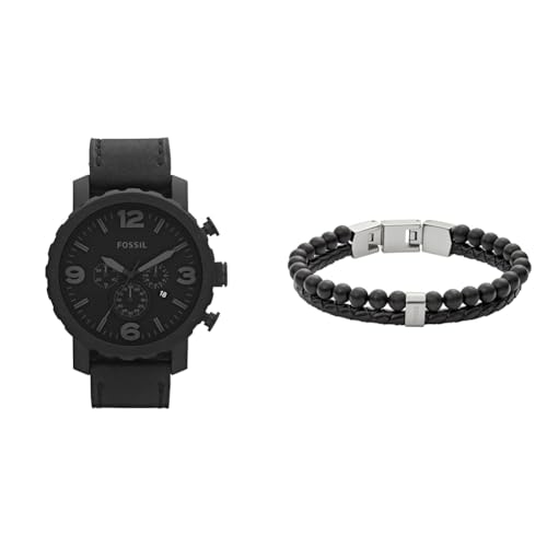 FOSSIL Herren Nate Schwarze Lederuhr und Townsman Halbedelstein Edelstahl Armband, Set von Fossil