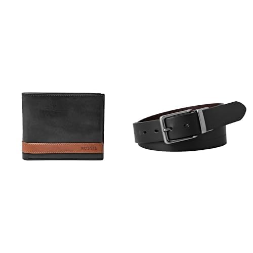 FOSSIL Herren Quinn Schwarzes Leder Portemonnaie und Brandon Gürtel, Set von FOSSIL