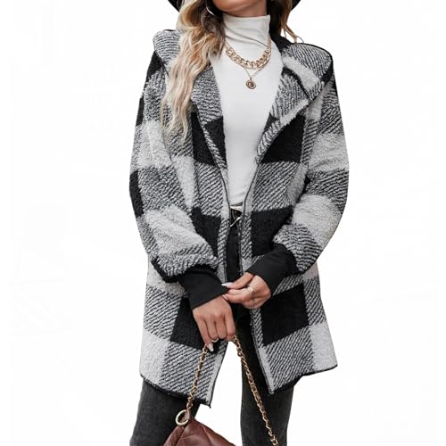 FOTEMIX Winterjacke Damen mit Kapuze Buffalo-Karo-Print Fleecejacke Damen Basic Lässige Teddyjacke Damen, L, Schwarz von FOTEMIX