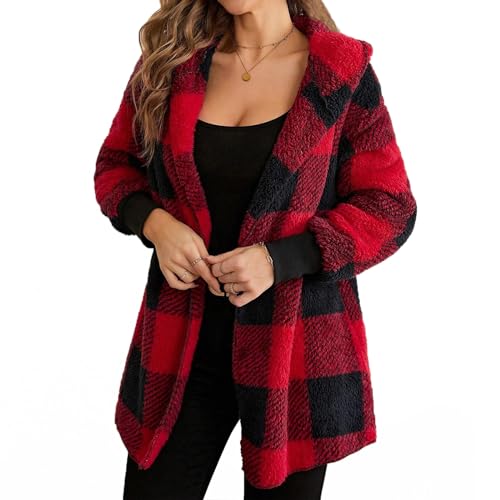 FOTEMIX Winterjacke Damen mit Kapuze Buffalo-Karo-Print Fleecejacke Damen Basic Lässige Teddyjacke Damen, XL, Rot von FOTEMIX