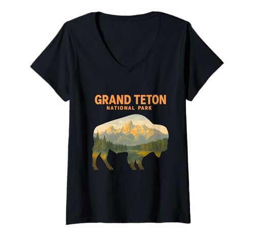 Damen Vintage-Bison-Silhouette aus dem Grand-Teton-Nationalpark T-Shirt mit V-Ausschnitt Damen Vintage-Bison-Silhouette aus dem Grand-Teton-Nationalpark T-Shirt mit V-Ausschnitt von FOTH