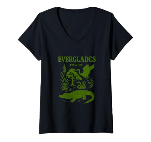 Damen Vintage-Illustration des Florida-Everglades-Nationalparks T-Shirt mit V-Ausschnitt Damen Vintage-Illustration des Florida-Everglades-Nationalparks T-Shirt mit V-Ausschnitt von FOTH