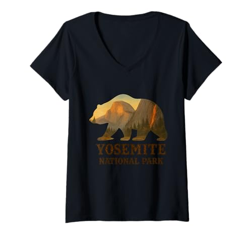 Damen Yosemite National Firefall und Kuppel in Bärensilhouette T-Shirt mit V-Ausschnitt Damen Yosemite National Firefall und Kuppel in Bärensilhouette T-Shirt mit V-Ausschnitt von FOTH