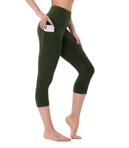 FOTOCITI 3/4 Leggings Damen mit Tasche Capri Leggins High Waist Caprihose Sommer Blickdicht Sportleggins Sporthose Hose Gym Outdoor Yoga(07#Armeegrün-Capri, L-XL) von FOTOCITI