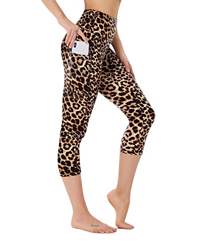 FOTOCITI Leggings Damen mit Tasche Capri Leggins High Waist Caprihose Sommer Blickdicht Sportleggins Sporthose Hose Gym Outdoor Yoga(Leopard,S-M) von FOTOCITI