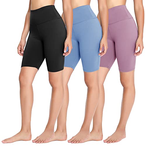 FOTOCITI 3er Pack Radlerhose Damen High Waist Kurze Sporthose Elastisch Shorts Sommer Leggings Hosen für Sport Yoga Gym(04#Schwarz+Hellblau+Helllila, S-M) von FOTOCITI