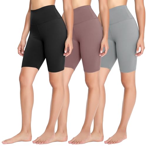 FOTOCITI 3er Pack Radlerhose Damen High Waist Kurze Sporthose Elastisch Shorts Sommer Leggings Hosen für Sport Yoga Gym(05#Schwarz+Rosa+Hellgrau, L-XL) von FOTOCITI